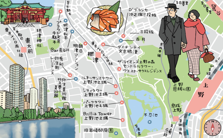 【根津～谷中】「谷根千」の一角「根津」は街歩きの定番。門前町から東京大学を経て、ハイライトは不忍池に映りこむタワマンは『映え』スポット！