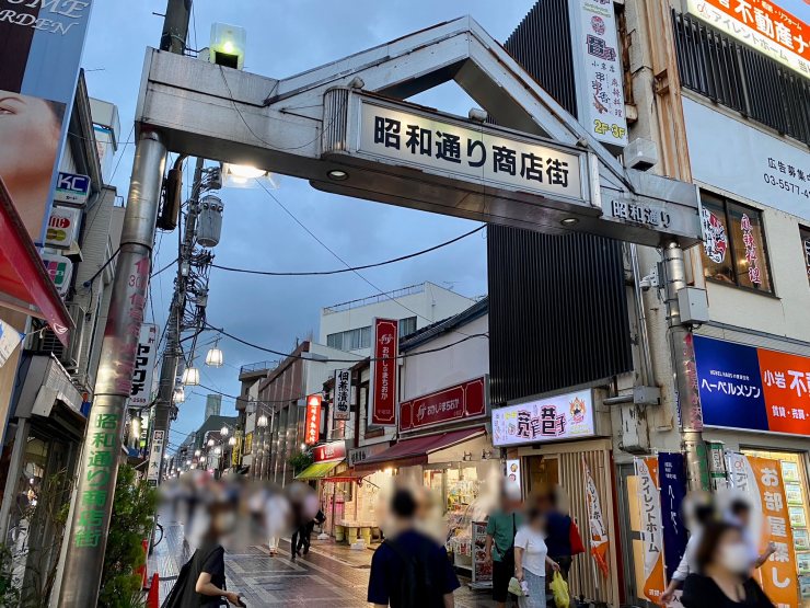 ▲“昭和通り商店街”の入り口のアーチ。この写真に写る駅側100mほどは再開発区域に含まれる。