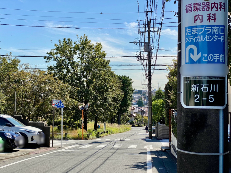 ▲新石川は概ね南の早渕川に向かって南傾斜の傾斜地が続く。左手奥は新石川公園。