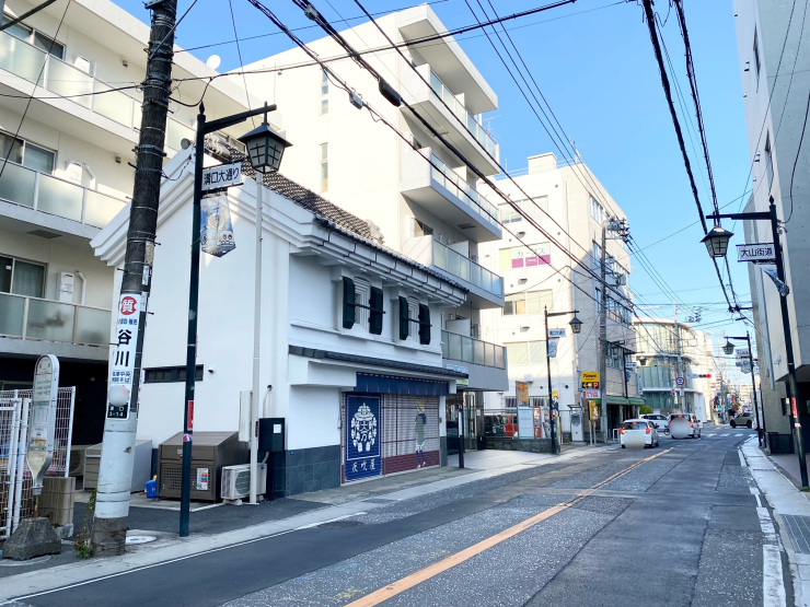 ▲大山街道(旧道)沿いに残る、灰吹屋薬局の蔵。かつての大山街道二子宿の賑わいを今に伝えている。